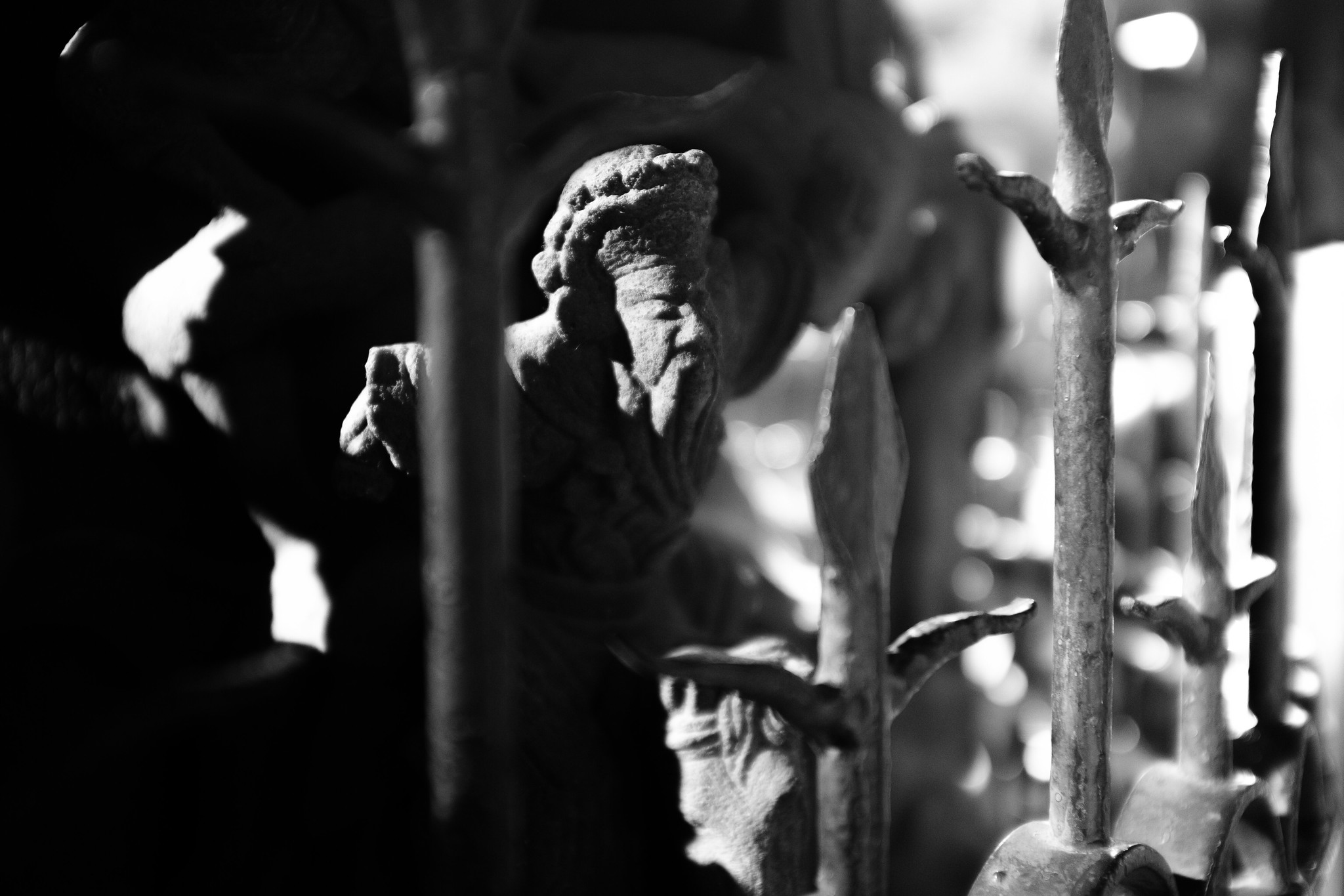 Temple guardian figure seen through iron bars and shallow light in a dark shrine
